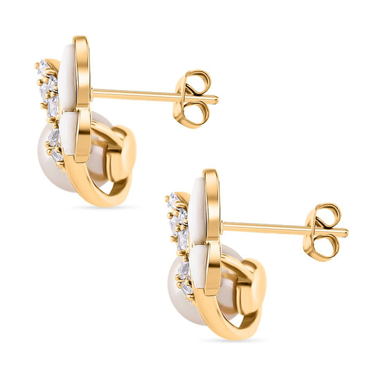 Weiße Muschelkernperle (5-9mm), weiße Perlmutt und Zirkonia Ohrringe, Messing