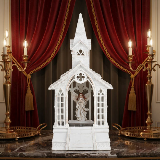 Weihnachts Deko Wasser Lampe Kirche Engel, warmweißes LED, 2 Weihnachtsmelodien, 11 x 7.8 x 23 cm, Weiß, Batteriebetrieb 3 x AAA nicht enthalten