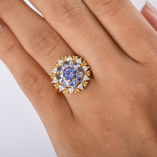 DJoy Tansanit, Moissanit und Gelber Saphir Ring 925 Silber 750 Gelbgold Vermeil (Größe 17.00) ca. 3.47 ct
