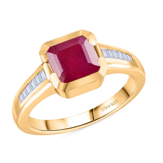 D'Joy Afrikanischer Rubin (Fissure gefüllt), Weißer Diamant Ring 925 Silber 750 Gelbgold Vermeil (Größe 21.00) ca. 2,74 ct