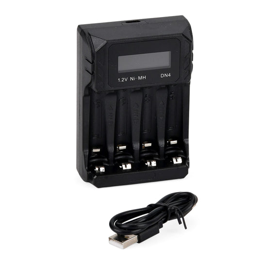 Kompakt-Ladegerät für AA/AAA NiMH - 4 Schächte, LCD, USB