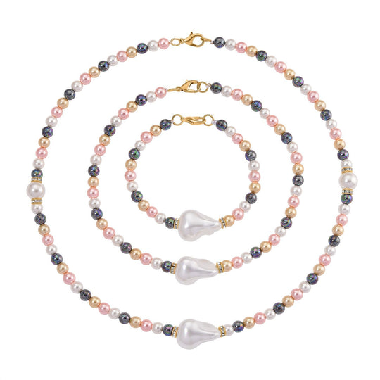 3er-Set Sleeping Beauty Türkisfarbe Muschelkernperle und weiße Kristall Armband 19cm und Halsketten 40cm und 50cm, Legierung vergoldet