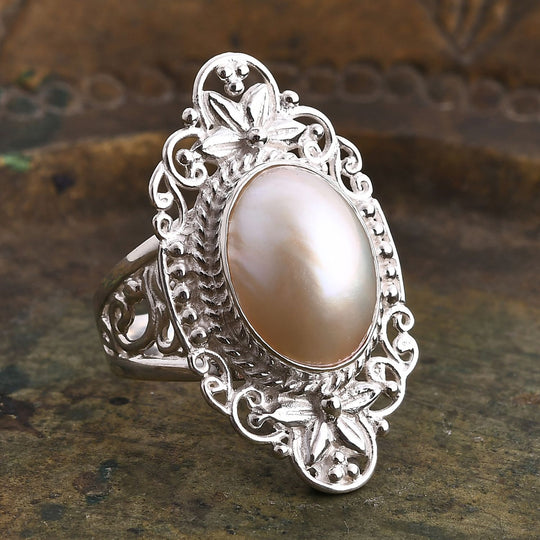 Weiße Mabe Perle (16x12 mm) Ring 925 Silber (Größe 17.00)