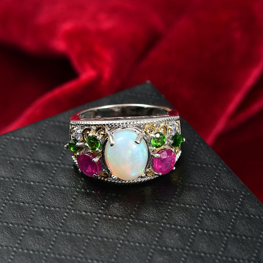 D'Joy AA Natürlicher, äthiopischer Welo Opal, Afrikanischer Rubin (Fissure gefüllt) Ring 925 Silber Rhodiniert und 750 Gelbgold Vermeil (Größe 17.00) ca. 3,87 ct