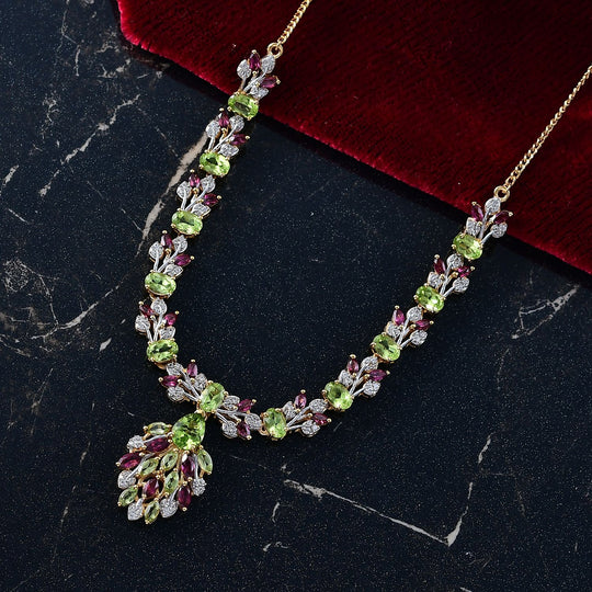 D'joy Natürlicher Peridot Halskette ca. 45 cm 925 Silber Rhodiniert und 750 Gelbgold Vermeil ca. 12.80 ct