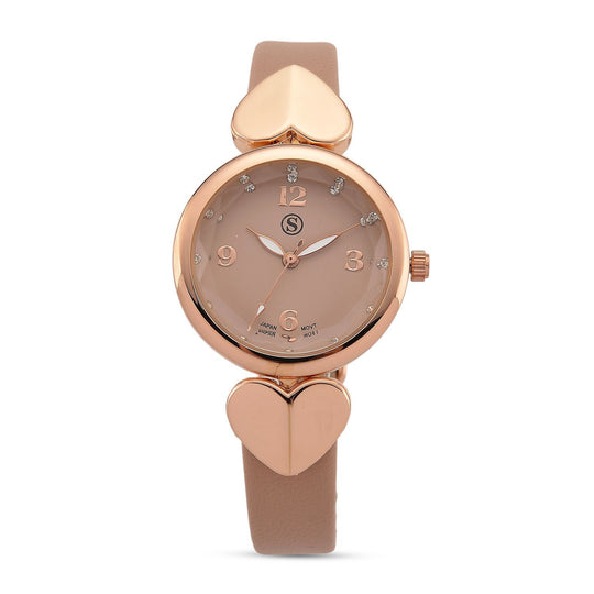 STRADA Uhr mit PC21S Japan-Uhrwerk, Edelstahl-Mesh-Armband, Roségold mit Kristallzifferblatt, Braun