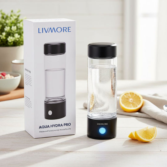 LIVMORE - doppelwandige Wasserstoff Wasserflasche 300 ml, SPE PEM, Borosilikatglas, USB Akku, Schwarz
