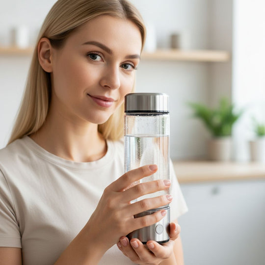 LIVMORE - doppelwandige Wasserstoff Wasserflasche 300 ml, SPE PEM, Borosilikatglas, USB Akku, Schwarz