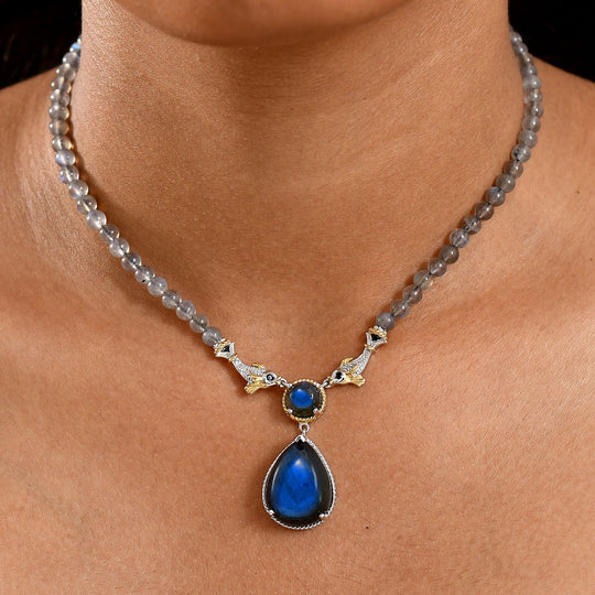 D'Joy AAA Labradorit Halskette ca. 45 cm 925 Silber Rhodiniert und 750 Gelbgold Vermeil ca. 65.52 ct