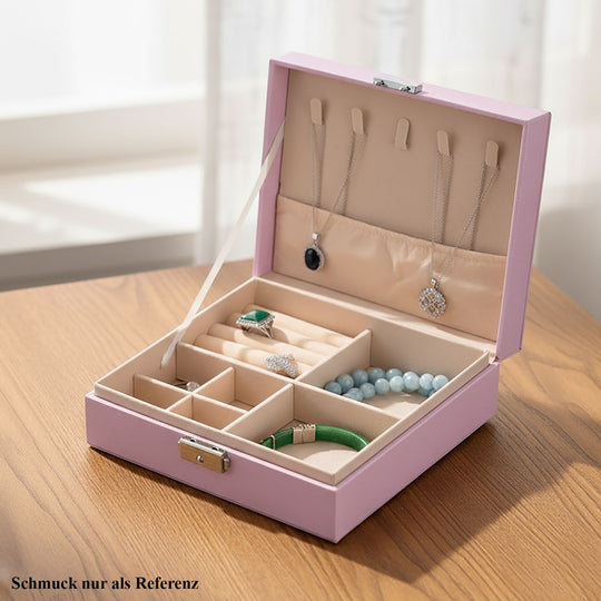 Schmuck Aufbewahrungsbox mit Haken und Fächern, 19x17x6.8 cm, Rosa