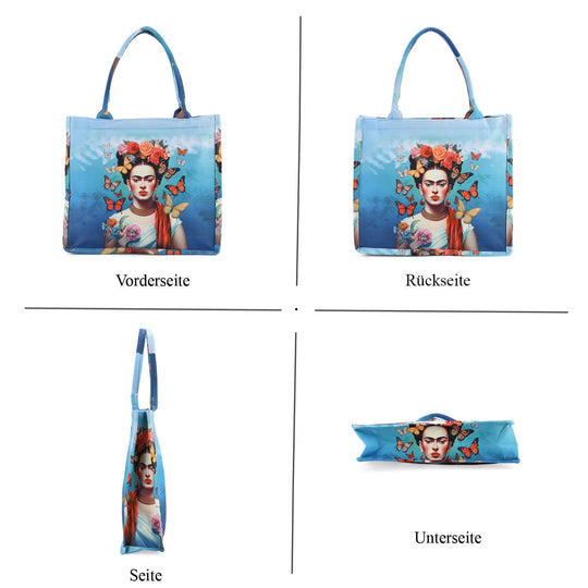 Frida Kahlo und Schmetterling Design Set, Shopper und Handy Umhängetasche, 40 x 12 x 35 cm, Blau