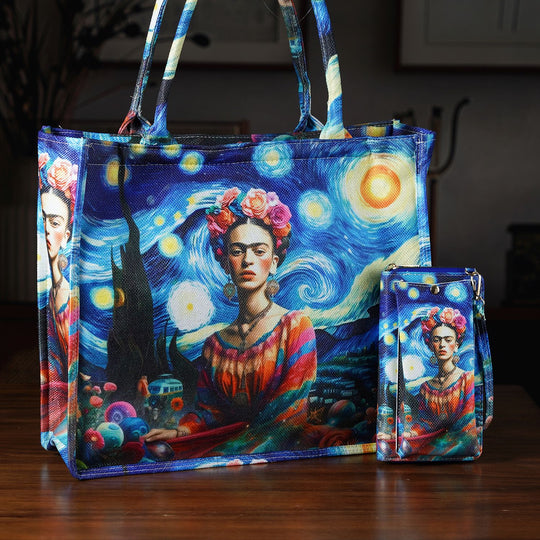 Frida Kahlo und Sternennacht Design Set, Shopper und Handy Umhängetasche, 40 x 12 x 35 cm, Marineblau