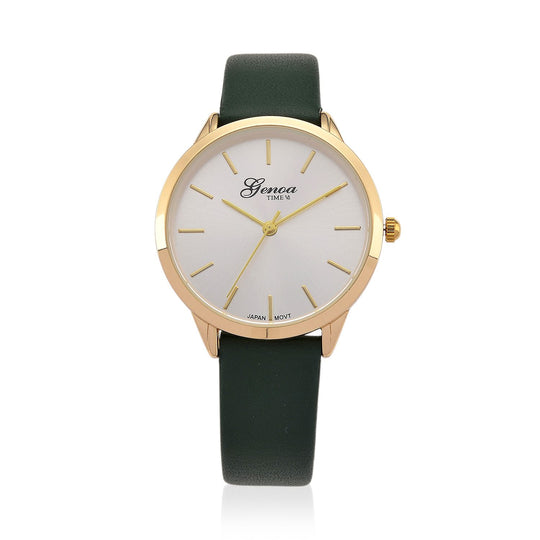 GENOA TIME - Armbanduhr Legierung, goldfarben, rotes Lederarmband, Zifferblatt Gold-Sunshine, 3 ATM wasserdicht