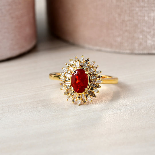 D'Joy AAAA Blaze Feueropal, Weißer Diamant Ring 925 Silber 750 Gelbgold Vermeil ca. 0,85 ct