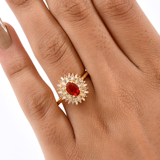 D'Joy AAAA Blaze Feueropal, Weißer Diamant Ring 925 Silber 750 Gelbgold Vermeil ca. 0,85 ct