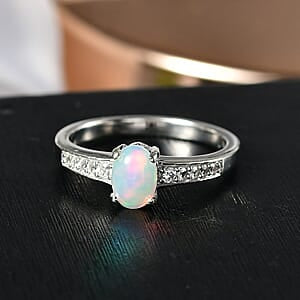 D'Joy Natürlicher, äthiopischer Welo Opal, Weißer Zirkon Ring 925 Silber Rhodiniert (Größe 18.00) ca. 0,97 ct