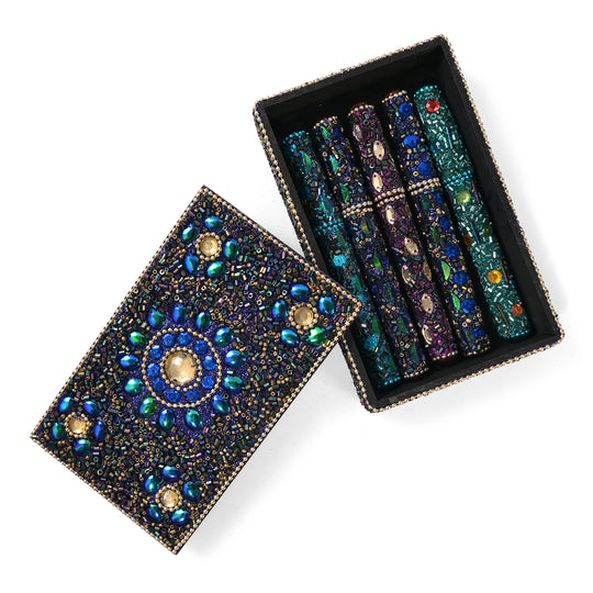 "Beaded Box + 5 beaded pen set of 6 - 10x15 cm box - 8.5X13X3 Cm pen - 12 cms color - multi "