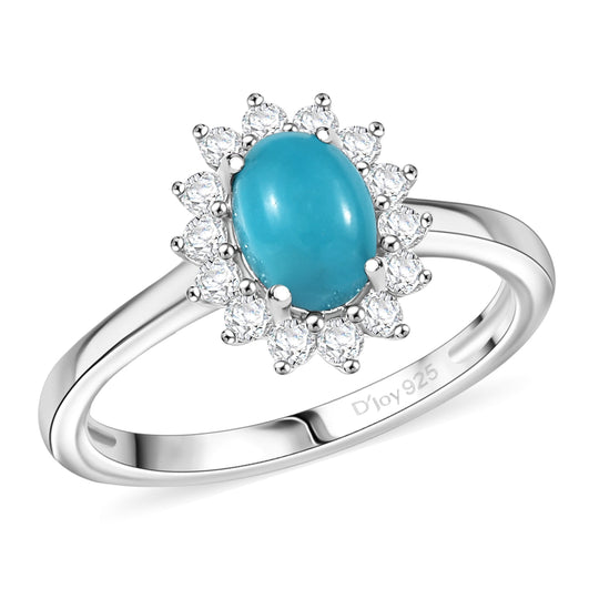 D'Joy AA Sleeping Beauty Türkis, Weißer Zirkon Ring 925 Silber Rhodiniert (Größe 18.00) ca. 1,14 ct