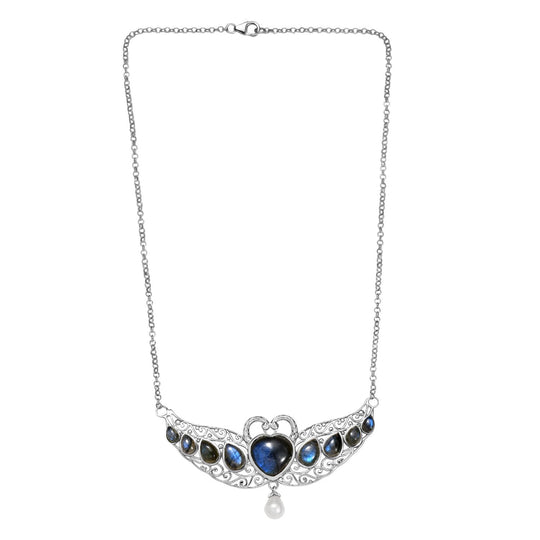 D'Joy AAA Labradorit, Süßwasser Perle (9x7mm) Halskette ca. 45 cm 925 Silber rhodiniert 32.56 ct