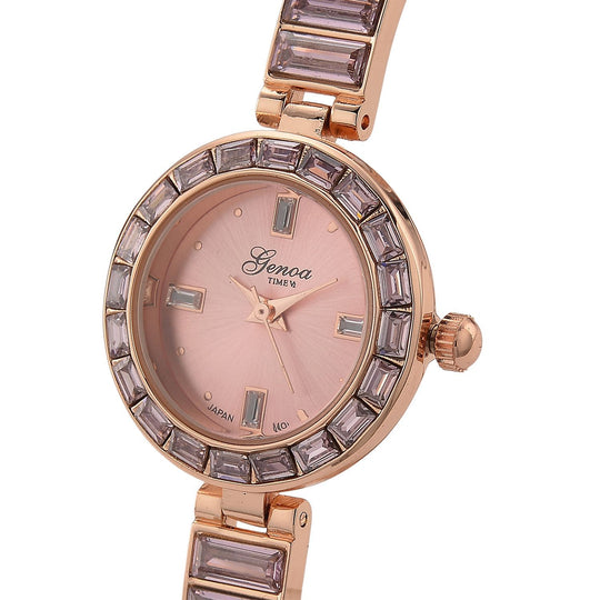 GENOA Time V2, Rosa Diamant-farbene Zirkonia, Kristalluhr, japanisches Uhrwerk, 316L Edelstahl, Rosa