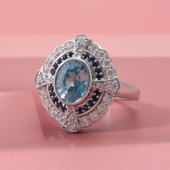 D'Joy Blauer Zirkon, Moissanit Ring 925 Silber rhodiniert (Größe 17.00) ca. 3,70 ct