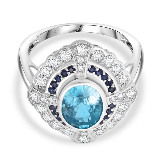 D'Joy Blauer Zirkon, Moissanit Ring 925 Silber rhodiniert (Größe 17.00) ca. 3,70 ct