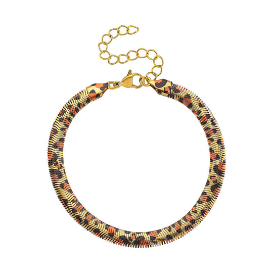 Leoparden-Print Fischgräten Armband aus 316L Edelstahl mit Goldplattierung, ca. 19 cm +3.5 cm Extender