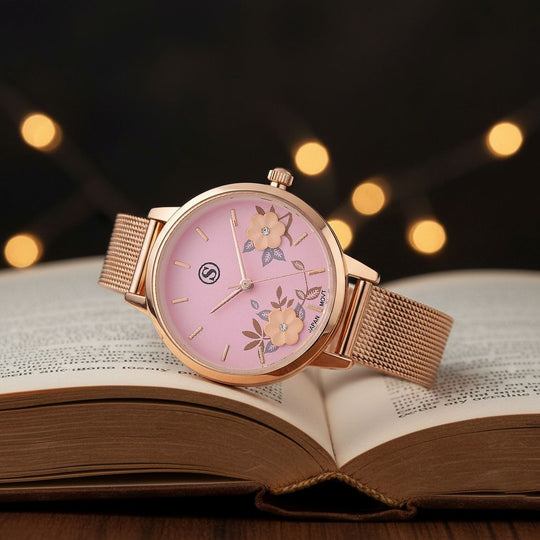 STRADA Uhr mit Japanischem PC21S Werk, Edelstahl-Mesharmband, florales Zifferblatt Rosa mit Weißem Kristall, Rosévergoldet