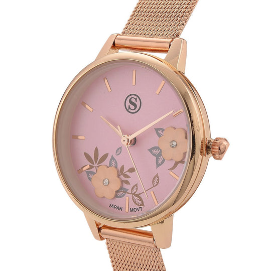 STRADA Uhr mit Japanischem PC21S Werk, Edelstahl-Mesharmband, florales Zifferblatt Rosa mit Weißem Kristall, Rosévergoldet