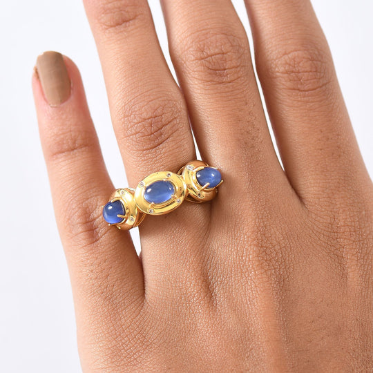 D'Joy Aurora Mondstein, Weißer Zirkon Ring 925 Silber 750 Gelb Vergoldet (Größe 19.00) ca. 3,27 ct
