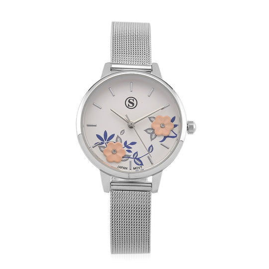 STRADA Uhr mit Japanischem PC21S Werk, Edelstahl-Mesharmband, florales Zifferblatt Rosa mit Weißem Kristall, Rosévergoldet