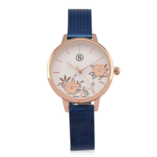 STRADA Uhr mit Japanischem PC21S Werk, Edelstahl-Mesharmband, florales Zifferblatt Rosa mit Weißem Kristall, Rosévergoldet