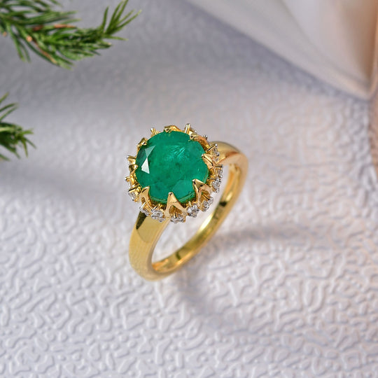 D'Joy Smaragd-Quarz Triplette, Weißer Zirkon Ring 925 Silber 750 Gelb Vergoldet (Größe 17.00) ca. 4,03 ct