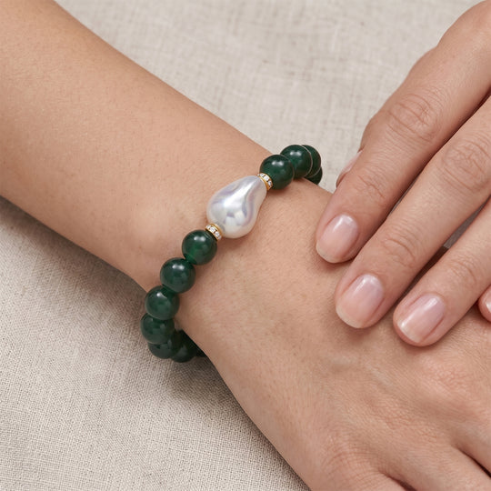 Verde Onyx, Weiße Muschelkernperle, Weißer Zirkonia Armband ca. Flexibles cm Standard gelb vergoldet