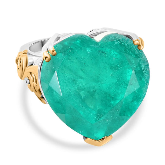 D'Joy Smaragd-Quarz Triplette Ring 925 Silber Rhodiniert und 750 Gelbgold Vermeil (Größe 21.00) ca. 35,83 ct