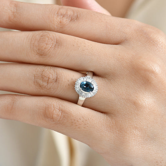 D'Joy London Blau Topas, Moissanit Ring 925 Silber rhodiniert (Größe 19.00) ca. 1.42 ct