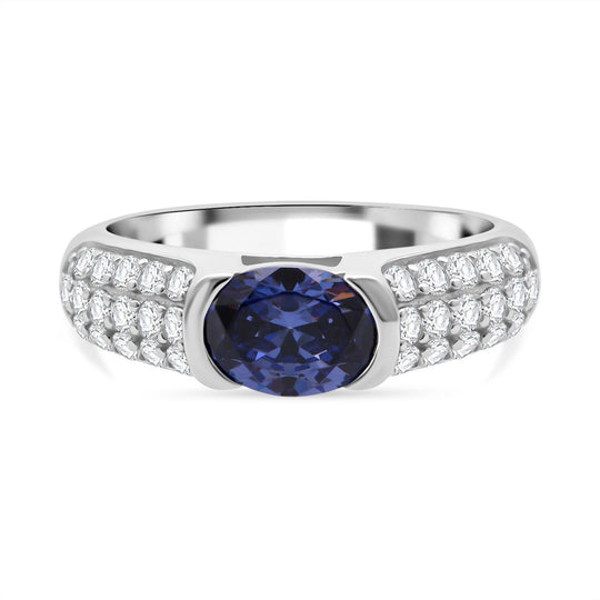 LUSTRO STELLA - Ceylon Saphir-farbener Zirkonia, Weißer Zirkonia Ring 925 Silber rhodiniert (Größe 19.00)