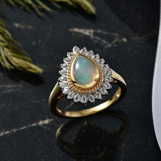D'Joy AA Natürlicher, äthiopischer Welo Opal, Weißer Zirkon Ring 925 Silber vergoldet (Größe 17.00) ca. 1.28 ct