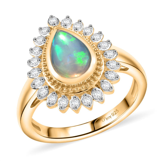 D'Joy AA Natürlicher, äthiopischer Welo Opal, Weißer Zirkon Ring 925 Silber vergoldet (Größe 17.00) ca. 1.28 ct