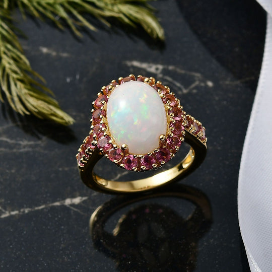 D'Joy AAA Natürlicher, äthiopischer Welo Opal, Rosa Turmalin Ring 925 Silber 750 Gelbgold Vermeil (Größe 19.00) ca. 5.54 ct