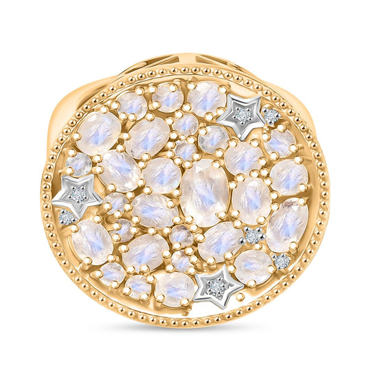 D'Joy Regenbogen Mondstein Ring 925 Silber Rhodiniert und 750 Gelbgold Vermeil (Größe 21.00) ca. 3,61 ct