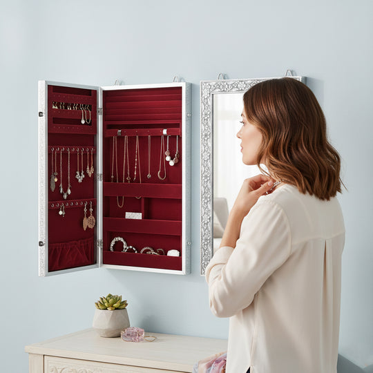 LIVMORE Schmuck Organizer mit Spiegel, Teakholz, 55,88 x 33 x 8,25 cm, Silberfarben