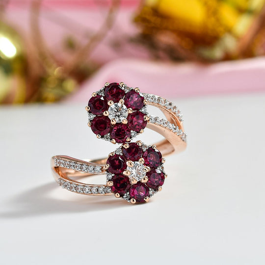 D'Joy Aura der Kaiserin Natürlicher Rhodolith Granat, Weißer Zirkon Ring 925 Silber 750 Roségold Vermeil (Größe 20.00) ca. 2.75 ct