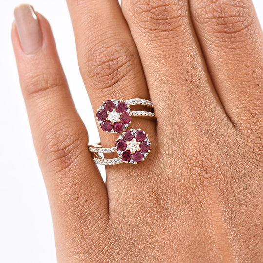 D'Joy Aura der Kaiserin Natürlicher Rhodolith Granat, Weißer Zirkon Ring 925 Silber 750 Roségold Vermeil (Größe 20.00) ca. 2.75 ct