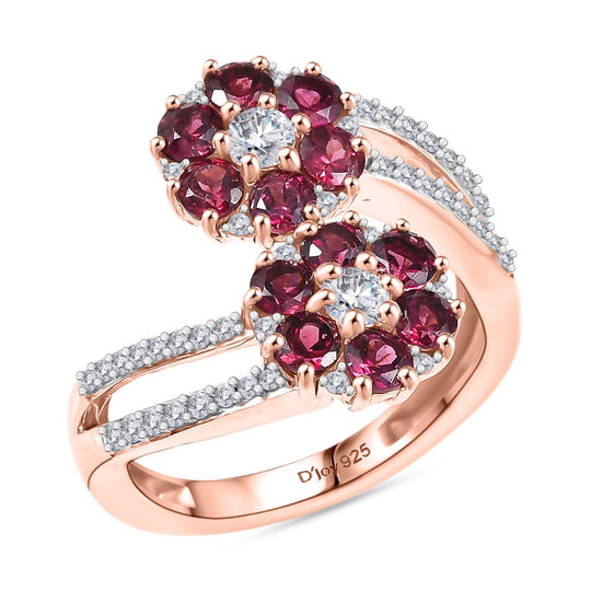 D'Joy Aura der Kaiserin Natürlicher Rhodolith Granat, Weißer Zirkon Ring 925 Silber 750 Roségold Vermeil (Größe 20.00) ca. 2.75 ct