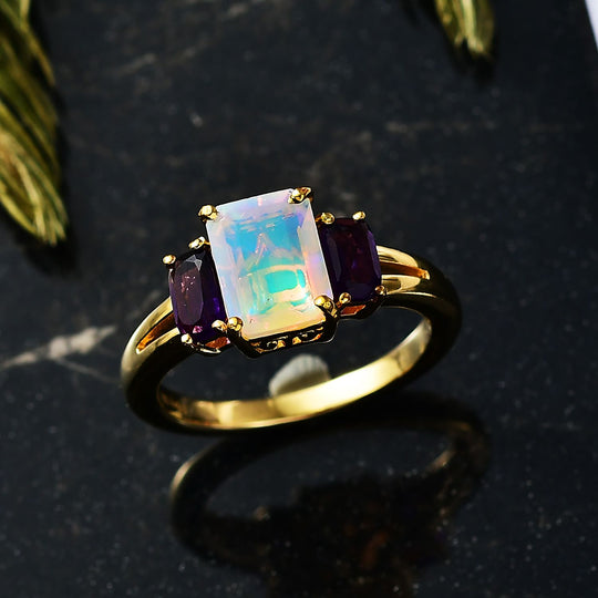 D'Joy AA Natürlicher, äthiopischer Welo Opal, Lusaka Amethyst Ring 925 Silber vergoldet (Größe 17.00) ca. 1.43 ct