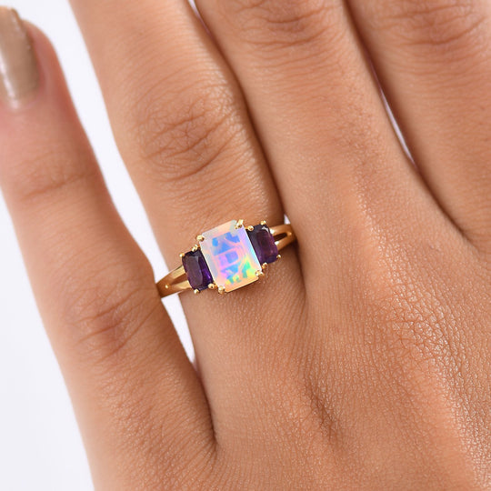 D'Joy AA Natürlicher, äthiopischer Welo Opal, Lusaka Amethyst Ring 925 Silber vergoldet (Größe 17.00) ca. 1.43 ct