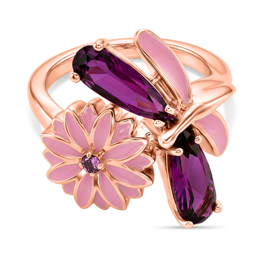 GP - Leuchtend Orchidee Quarz Triplette, Lotus Granat Ring 925 Silber 750 Roségold Vermeil (Größe 17.00) ca. 2,44 ct