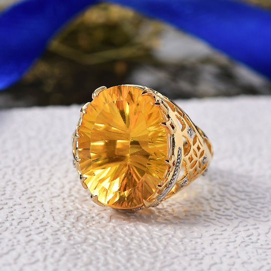D'Joy Sphaleros Quarz-Triplette, Moissanit Ring 925 Silber 750 Gelbgold Vermeil (Größe 18.00) ca. 19.62 ct
