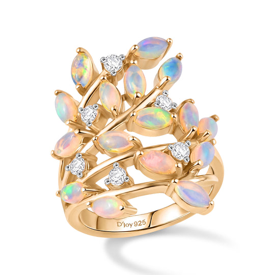 D'Joy AA Natürlicher, äthiopischer Welo Opal, Weißer Zirkon Ring 925 Silber 750 Gelbgold Vermeil (Größe 19.00) ca. 2.12 ct